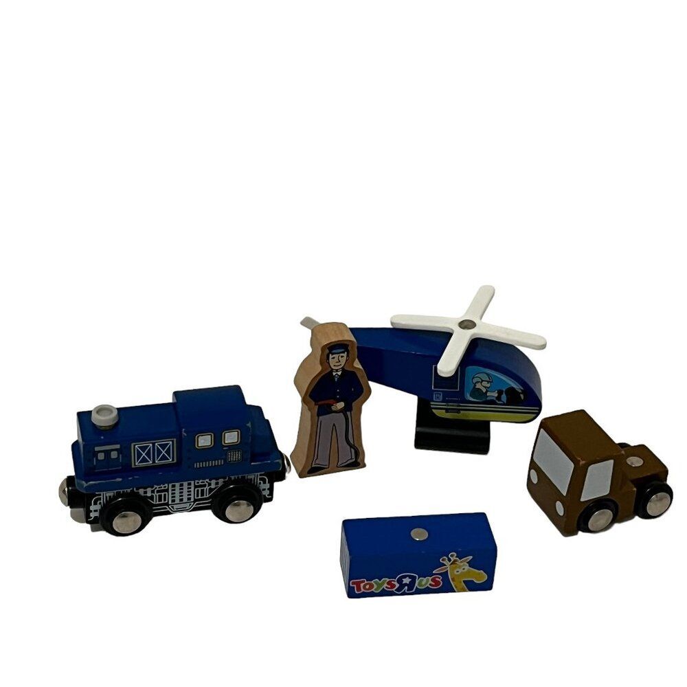 Toys R Us Wooden Toy Lot Blue Train Brown Flat Bed Helicopter Conductor Magnetic
